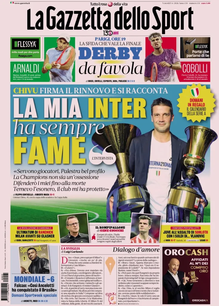 Le prime pagine dei quotidiani sportivi – 05 giugno 2026 2 la gazzetta dello sport 033802uh52d9c