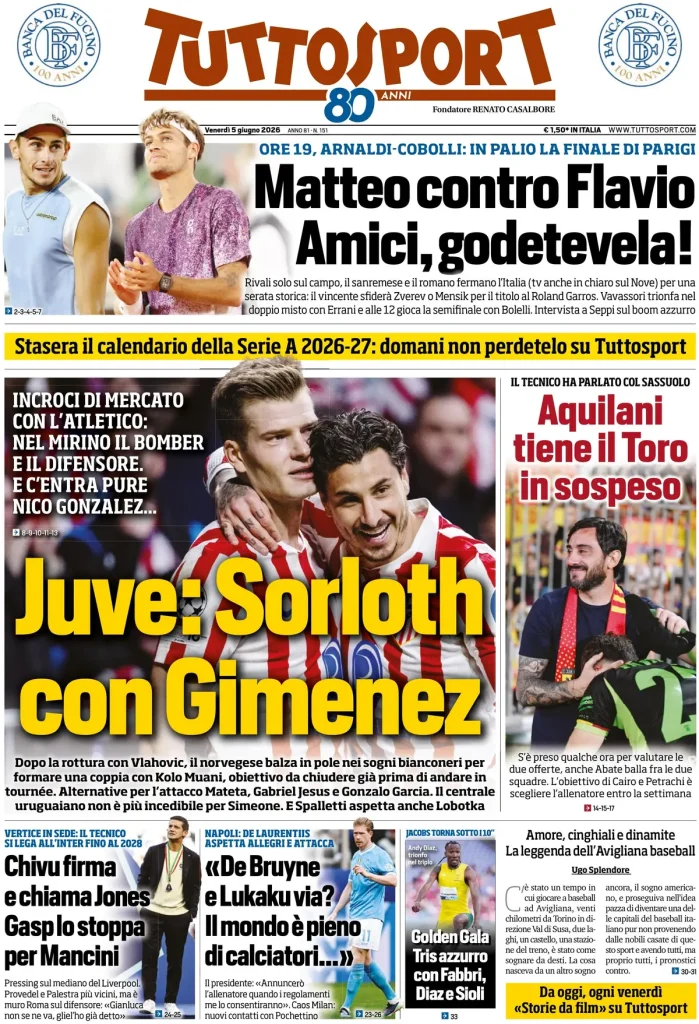 Le prime pagine dei quotidiani sportivi – 05 giugno 2026 4 tuttosport 02030216k7r51