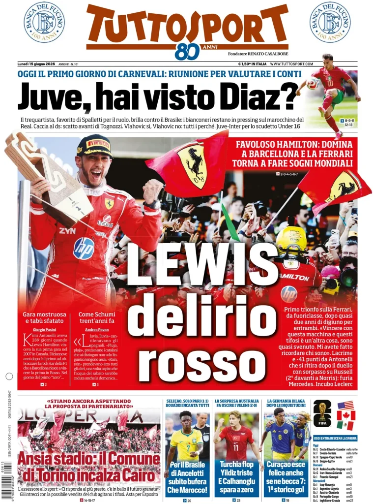 Le prime pagine dei quotidiani sportivi – 15 giugno 2026 3 tuttosport 020700b887m7v