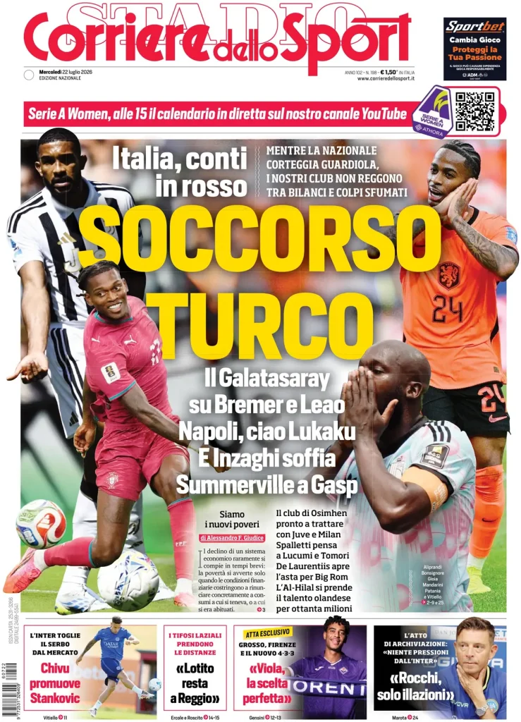 Le prime pagine dei quotidiani sportivi – 22 luglio 2026 3 corriere dello sport 020308cmwbrwm