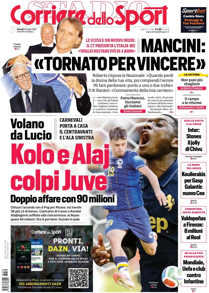 Le prime pagine dei quotidiani sportivi – 30 luglio 2026 3 corriere dello sport 020607bhy2cgt