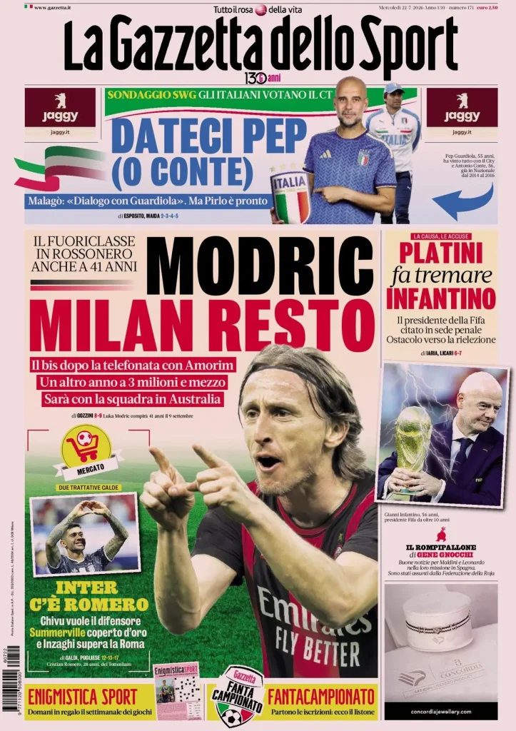 Le prime pagine dei quotidiani sportivi – 22 luglio 2026 2 la gazzetta dello sport 033943wqr8df6