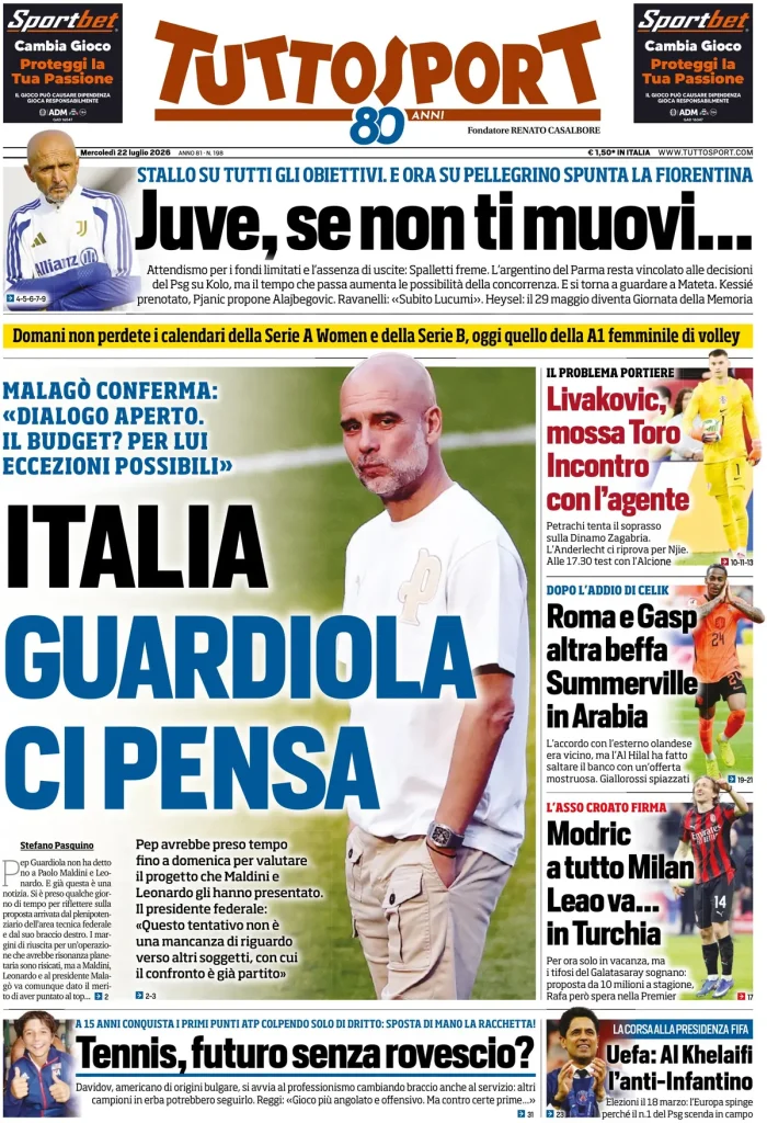Le prime pagine dei quotidiani sportivi – 22 luglio 2026 4 tuttosport 020302c8uaa62
