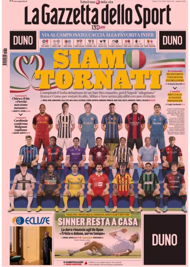 Le prime pagine dei quotidiani sportivi – 20 agosto 2026 2 WhatsApp Image 2026 08 22 at 09.00.37