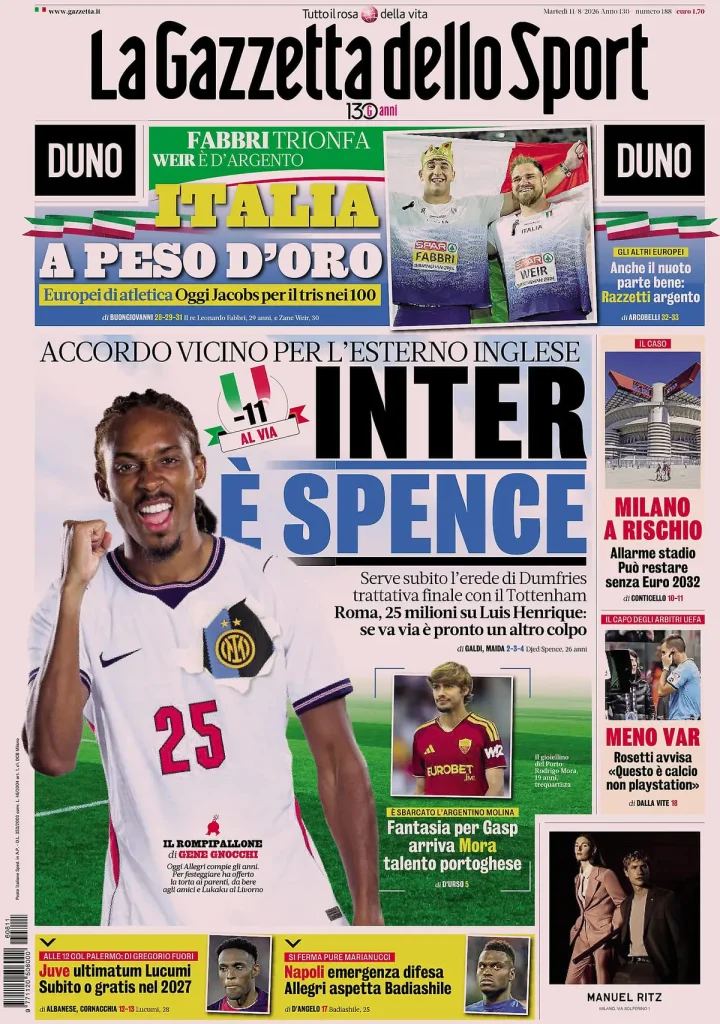 Le prime pagine dei quotidiani sportivi – 11 agosto 2026 2 la gazzetta dello sport 0338030ed9n84