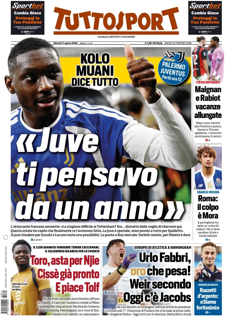 Le prime pagine dei quotidiani sportivi – 11 agosto 2026 4 tuttosport 0203030zj70vt