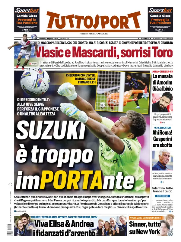 Le prime pagine dei quotidiani sportivi – 09 agosto 2026 4 tuttosport