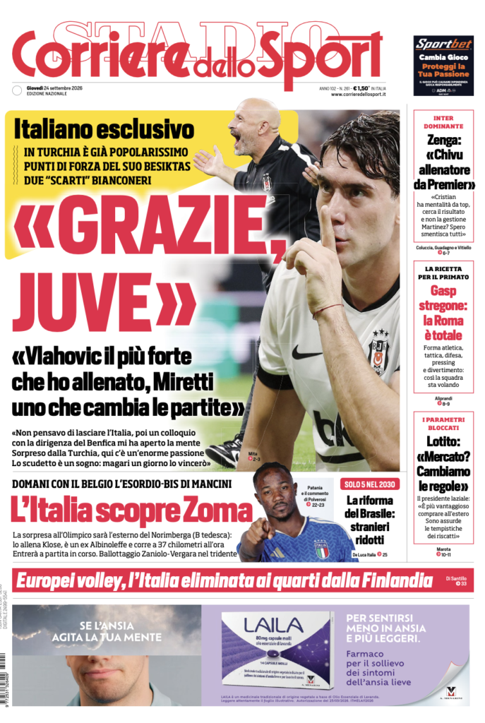 Le prime pagine dei quotidiani sportivi – 24 settembre 2026 2 Screenshot 2026 09 24 alle 09.06.47