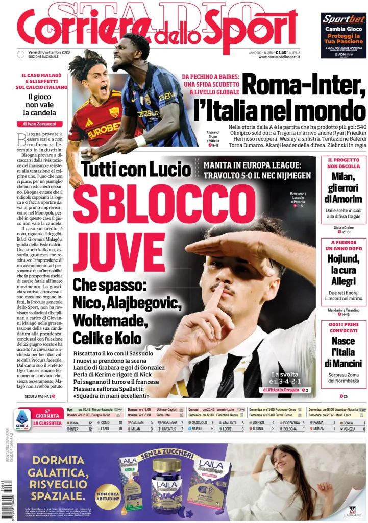 Le prime pagine dei quotidiani sportivi – 18 settembre 2026 3 corriere dello sport 020311vwc1ck1