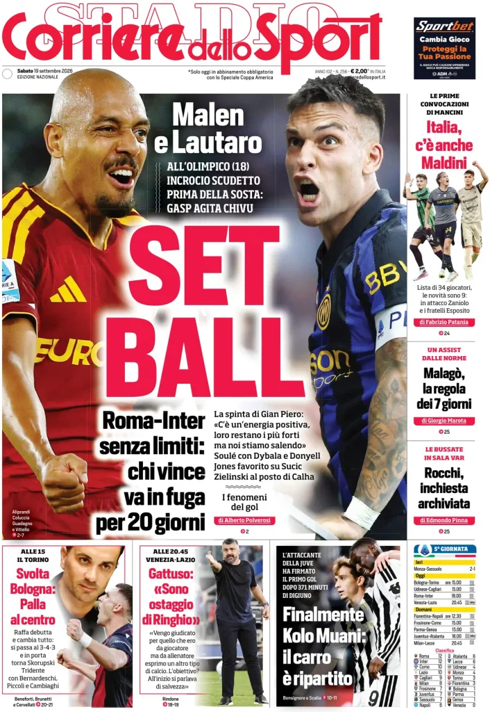 Le prime pagine dei quotidiani sportivi – 19 settembre 2026 3 corriere dello sport 020311xiq277l