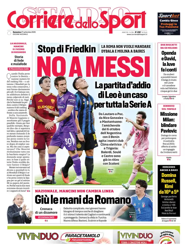 Le prime pagine dei quotidiani sportivi – 27 settembre 2026 3 corriere dello sport