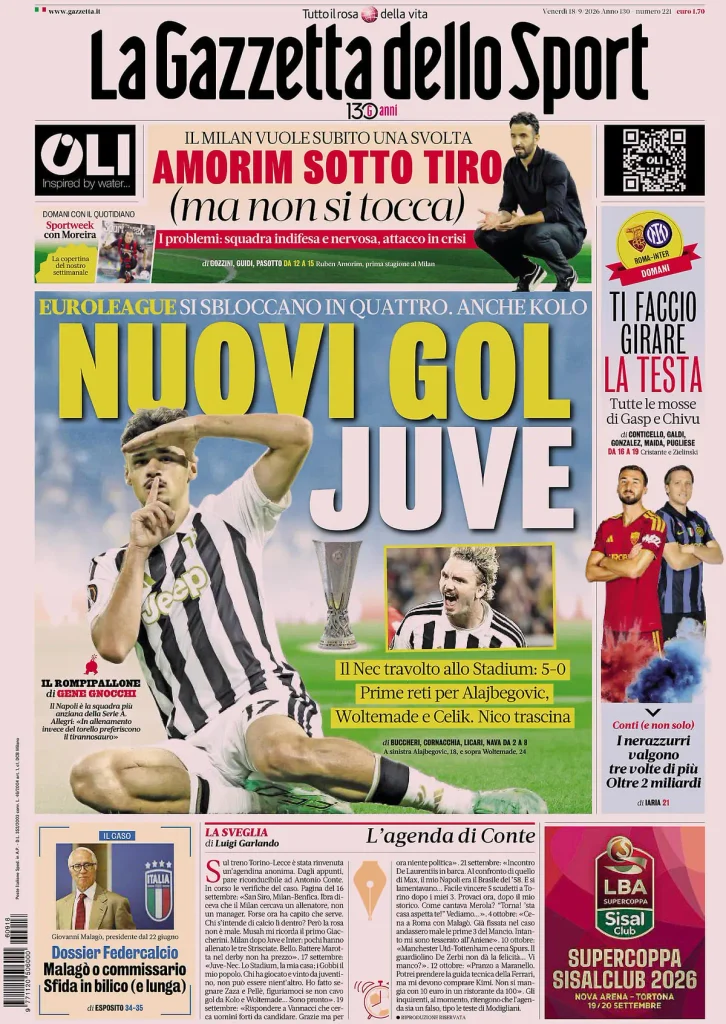 Le prime pagine dei quotidiani sportivi – 18 settembre 2026 2 la gazzetta dello sport 031808l86bki2