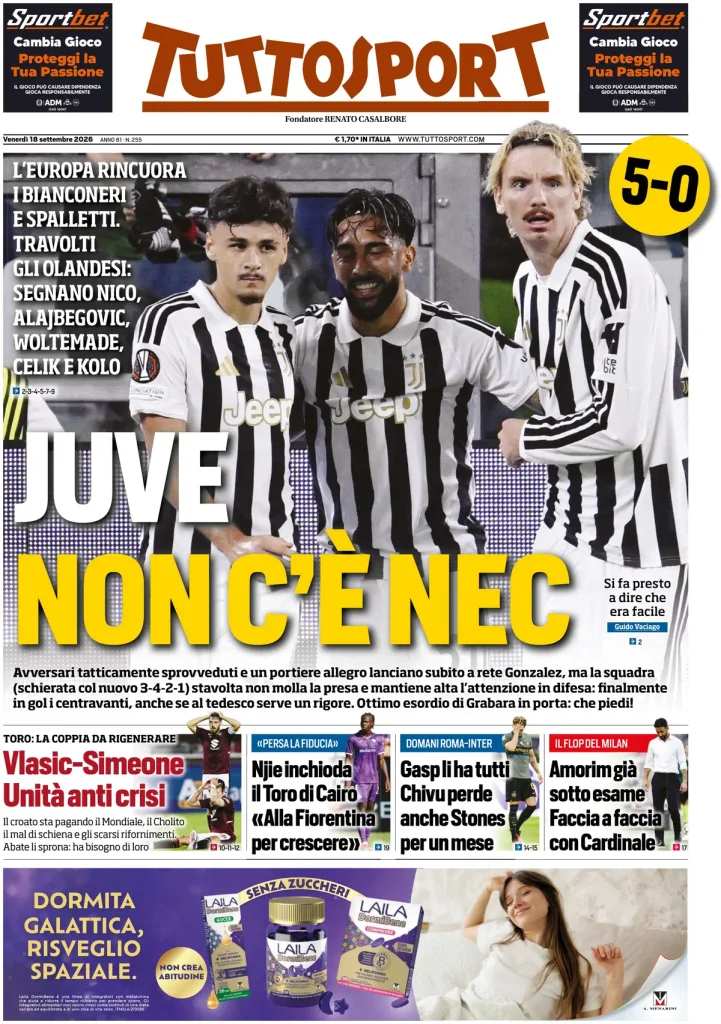 Le prime pagine dei quotidiani sportivi – 18 settembre 2026 4 tuttosport 020305tcwteui