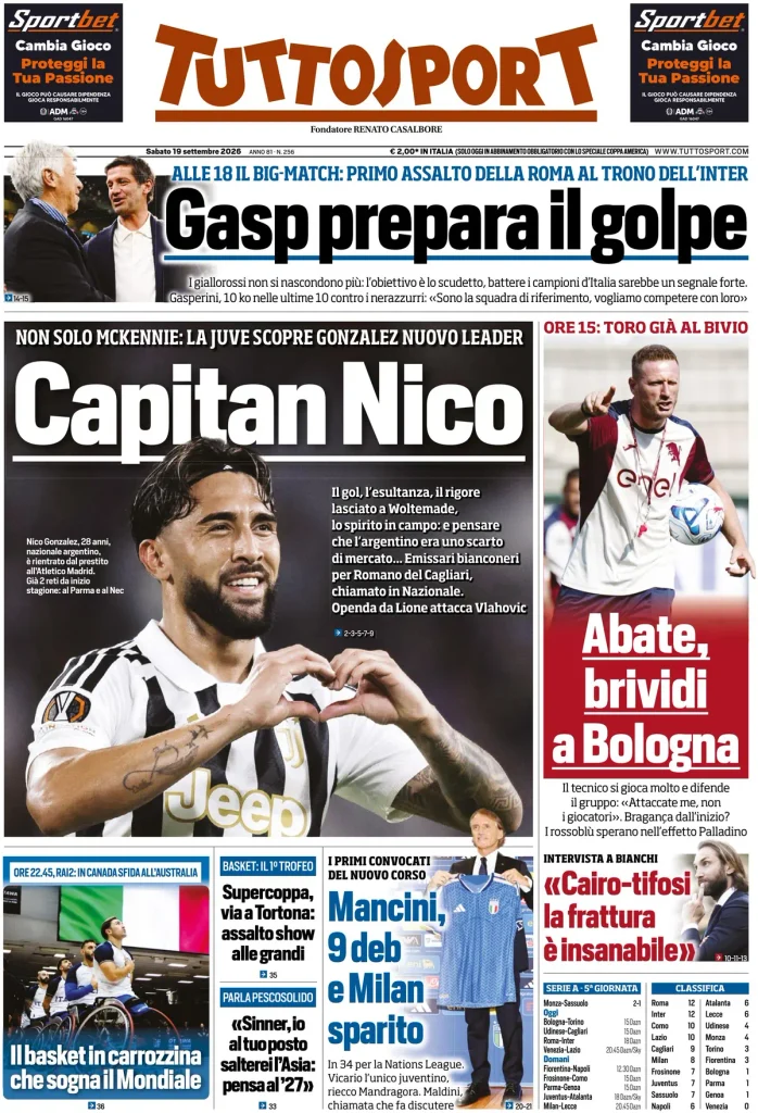 Le prime pagine dei quotidiani sportivi – 19 settembre 2026 4 tuttosport 020306met8tjp