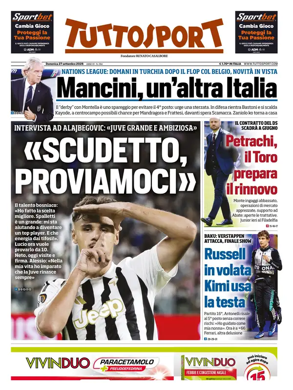 Le prime pagine dei quotidiani sportivi – 27 settembre 2026 4 tuttosport