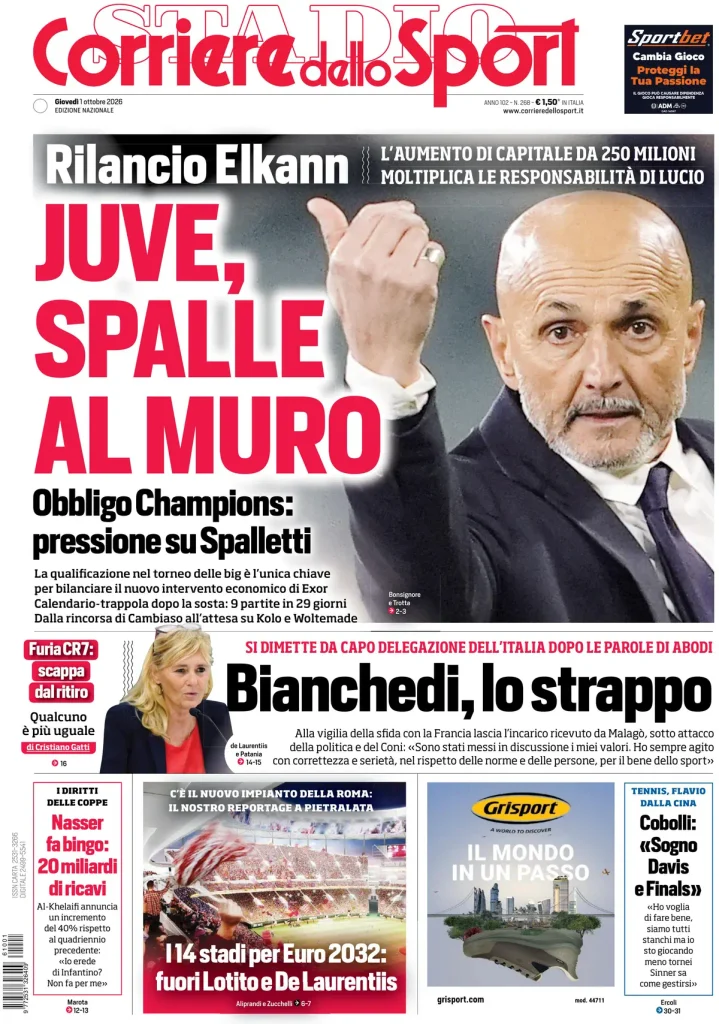 Le prime pagine dei quotidiani sportivi – 01 ottobre 2026 3 corriere dello sport 0203102ime997